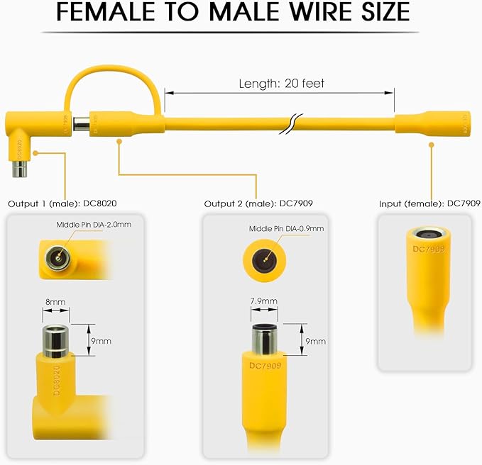 Solar Panel Extension Cable for Jackery 20FT 14AWG 8mm DC Connector Compatible with Yeti Anker BLUETT Jackery Portable Power Stations for Outdoor Camping RV Emergency Use (Yellow)