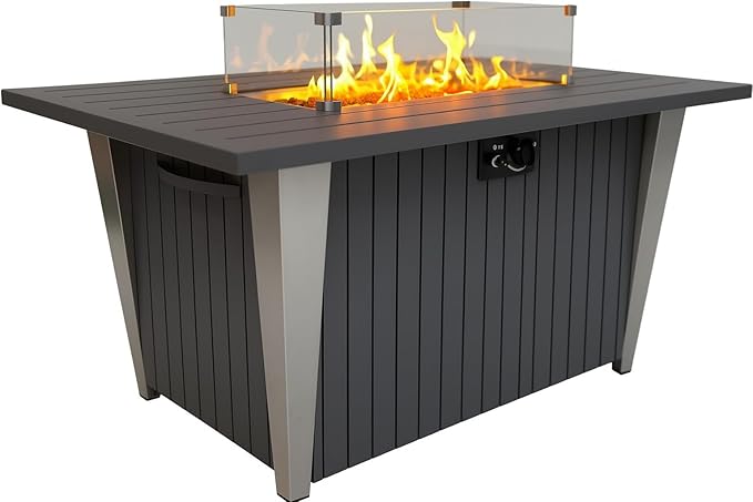 SereneLife 52 Inch Gas Fire Pit Table 50000 BTU Propane Pits for Outside with Steel Lid and Lava Rock 2 in 1 Firepit Table Gatherings Parties on Patio Deck Garden Backyard