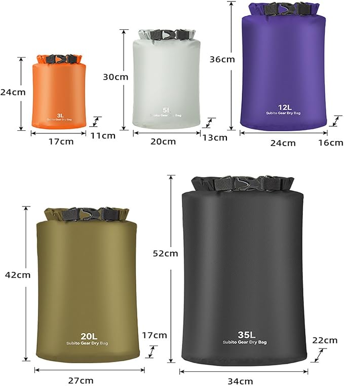 Ultralight Dry Sack Set Lightweight Roll Bag Compression Bag Set for Travelling Outdoor and Camping (3L+5L+12L+20L+35L)