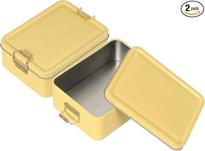 uxcell 2Pcs Metal Tinplate Box with Lids 5.7x4.3x2.2 Empty Rectangular Tin Box Container with Clasp for Home Office Travel Organizer Gifts Cookies Pencil Case Craft Storage Yellow