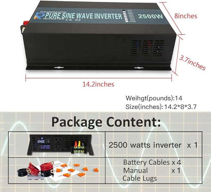 WZRELB 2500W 36V 120V Pure Sine Wave Power Inverter with Remote Control2 AC OutletsCar InverterRBPRC-250036