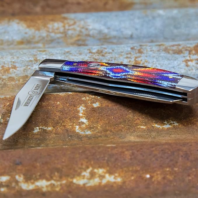 WHISKEY BENT HAT CO. Traditional Trapper Folding Pocket Knife 4.125 Closed Length 440C Stainless Steel Blades (Southwest Starburst)