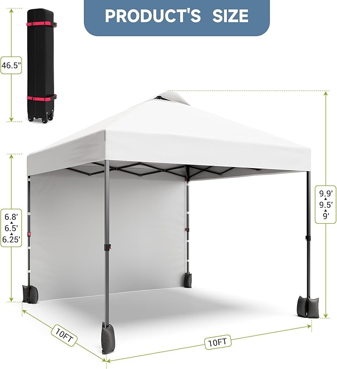 10x10ft Pop Up Canopy Tent with SidewallOutdoor Freestanding Sun Shelter Picnic and CampingInstant Shade Tent with Vented Roof for Beach &amp Events - Includes Storage BagSandbagsStakes&ampRopes