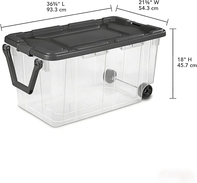 160 Quart Wheeled Stacker Extra Large Durable Clear Bin Latch Lid and Pull Handle Gray 2 Count