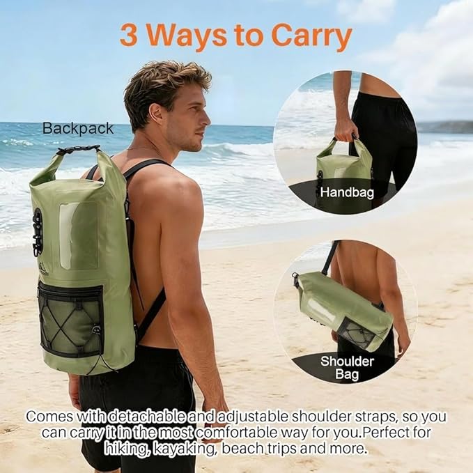 Waterproof Dry Bag 500D PVC Roll Top Dry Sack with 3 Carrying Ways Lightweight Waterproof Bag for Kayaking Swimming Boating Paddle Boarding Hiking Beach (Army Green 25L)