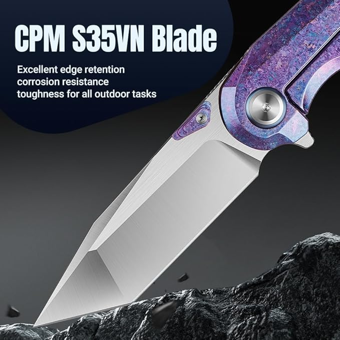 ioko Pocket Folding Knife with Titanium Alloy Handle S35VN Steel Blade Ice Crystal Anodized Finish 2.9 Inch Blade EDC Camping Hiking Outdoor (blue-purple)