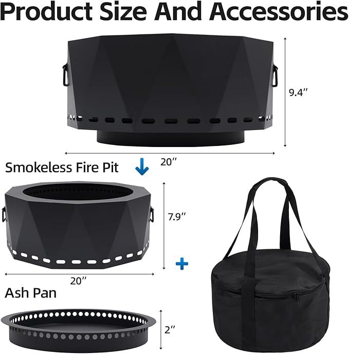 Smokeless Fire Pit Outdoor- 20 Inch Low Smoke Metal Fire Pits &amp Fireplaces for Outside with Carry Bag Smokeless Wood Stove for Camping Patio Backyard Garden Picnic-L
