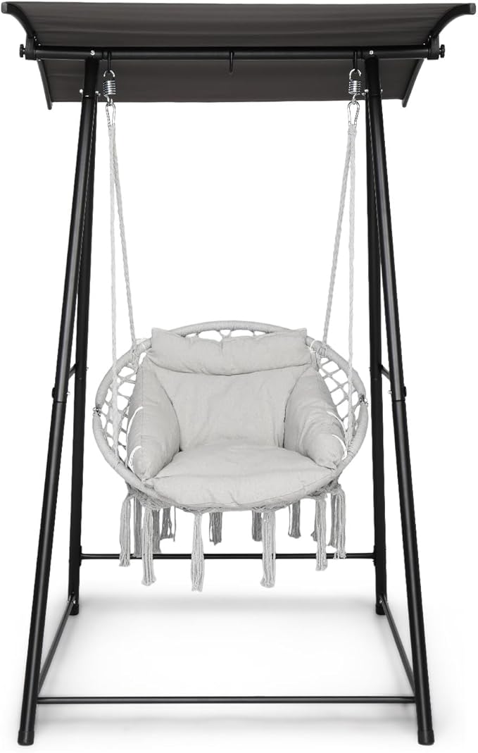 ONCLOUD Hammock Chair with Stand Comfy Hanging Chair with Cusion Swing Stand with Canopy for Outside Heavy Duty 660LBS Hammock Chair Set for Yard Patio (Full Set)