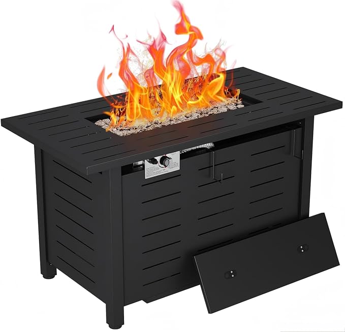 Aoxun 40 Inch Outdoor Propane Fire Pit - 50000 BTU Gas Fire Pit Table with Lava Rocks Patio Heater Rectangle Fire Table with Removable Lid &amp Waterproof Cover for Deck Backyard Garden Black