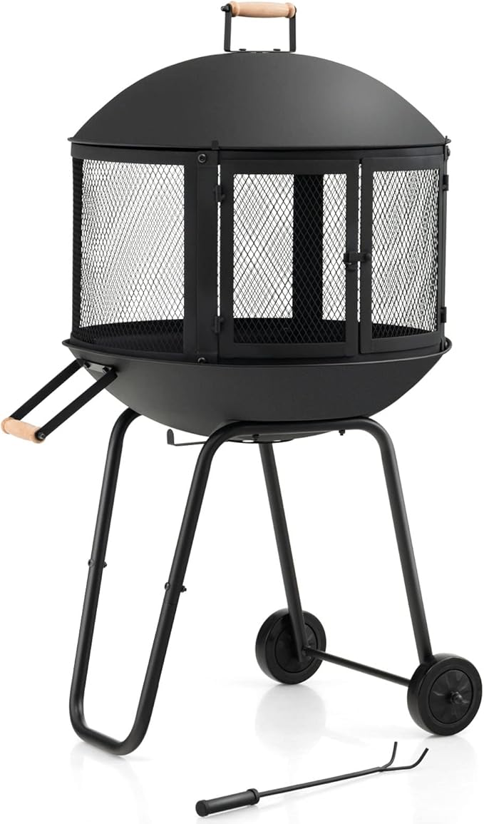 Tangkula Portable Fire Pit with Wheels 28 Inch Wood Burning Fire Pit with Log Grate Poker Rolling Patio Fireplace Wooden Bonfire Firepit for Outdoor Entertaining Black