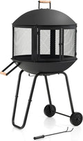 Tangkula Portable Fire Pit with Wheels 28 Inch Wood Burning Fire Pit with Log Grate Poker Rolling Patio Fireplace Wooden Bonfire Firepit for Outdoor Entertaining Black