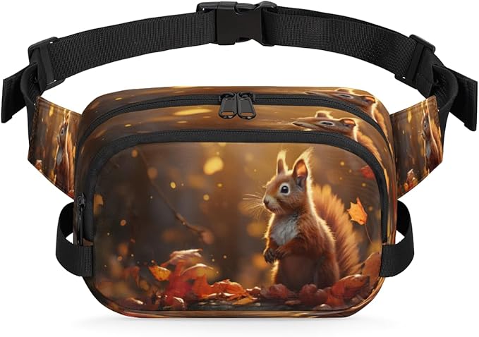 Cute Squirrel Leaves Waterproof Fanny Pack for Women Men Adjustable Waist Bag with Double Zipper Pockets Lightweight Square Hip Pack for Running Travel Hiking Workout Cycling