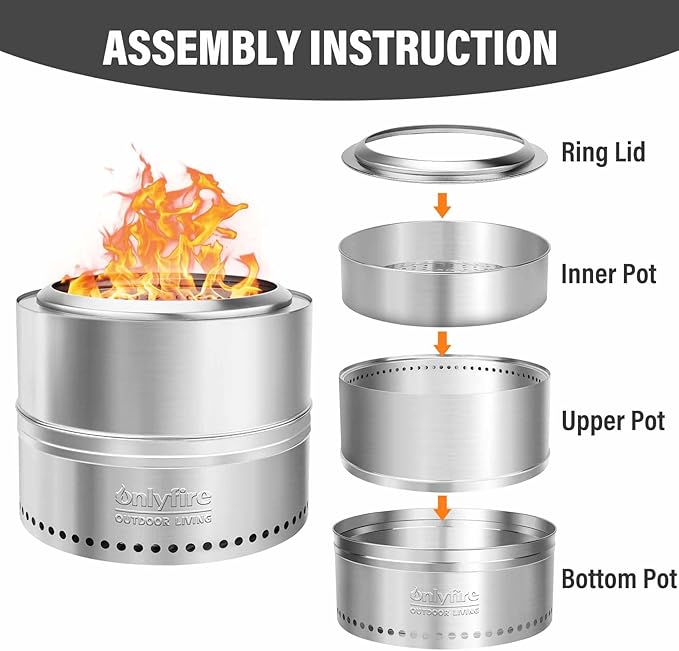 ONLYFIRE OUTDOOR LIVING Wood Burning Fire Pit with Carrying Bag 19.5” Detachable Portable Firepit for Camping Tailgating Patio Backyard Bonfire Smokeless Fireplace Stainless Steel FP036