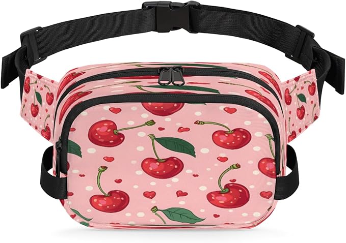 Polka Dot Heart Cherry Waterproof Fanny Pack for Women Men Adjustable Waist Bag with Double Zipper Pockets Lightweight Square Hip Pack for Running Travel Hiking Workout Cycling