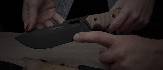 Hydra Knives HAWKEYE Survival Knife. 5.51 Full Tang Blade. Drop Point Shape with Böhler N690co Cryogenic Steel 59-61 HRC. CNC G10 Tan Handle. Kydex Sheath. Tactical Bushcraft Camping Survival