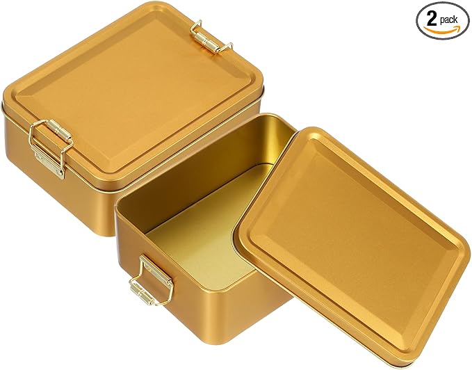 uxcell 2Pcs Metal Tinplate Box with Lids 5.7x4.3x2.2 Empty Rectangular Tin Box Container with Clasp for Home Office Travel Organizer Gifts Cookies Pencil Case Craft Gold