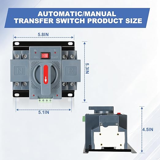 100Amp 220V AC Dual Power Automatic Transfer Switch ATS 2P Manual Changeover Electrical Switch Solar Back Up Power Auto Selector Overvoltage Undervoltage 50/60Hz CE Certified