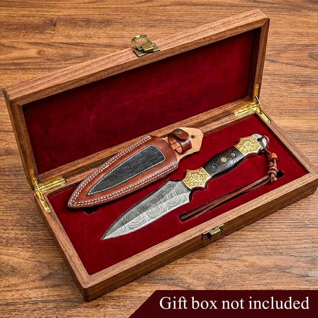 Dessi Damascus Steel Fixed Blade Knife Handmade Hunting Camping Hiking Hand Engraved Copper Bolsters Wenge Wood Handle Leather Sheath SM11