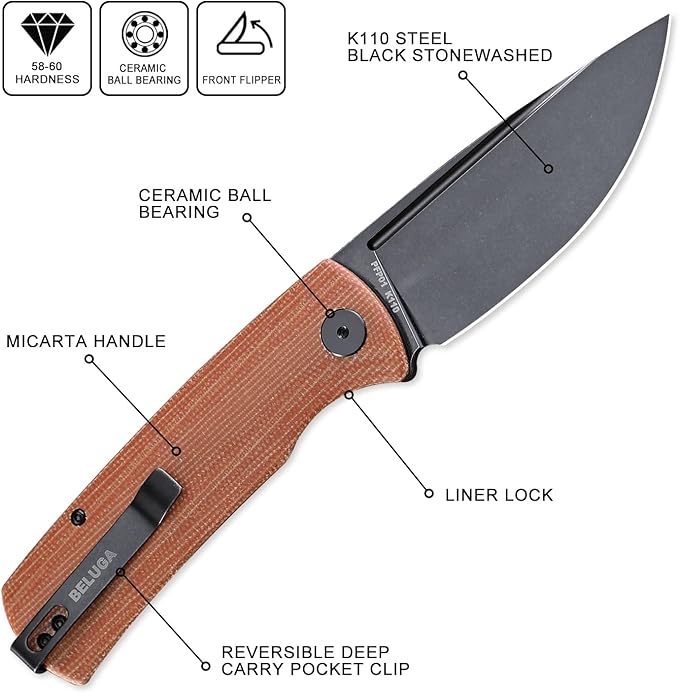 Petrified fish PFP01 k110 steel folding knife Micarta handle Front flipper outdoor Camping survival hunting EDC tool knives (Brown Micarta Stonewashed)