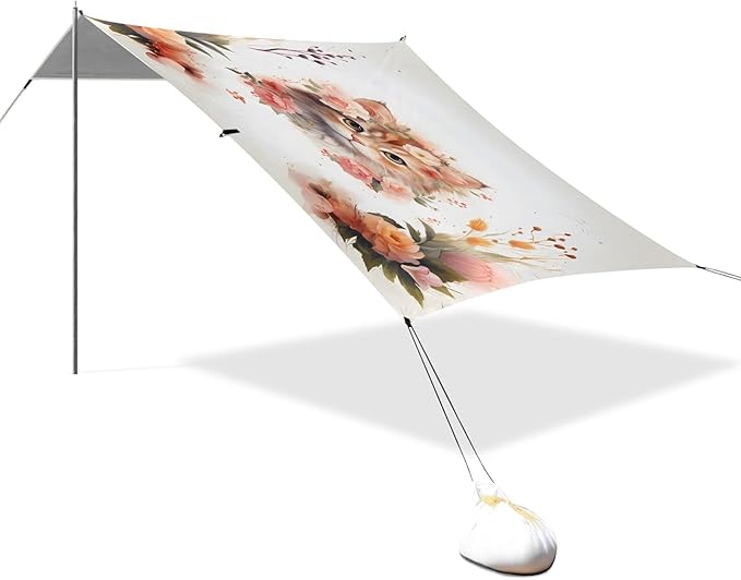 ALAZA Cat Kitten Rose Flower Beach Tent Sun Shelter UPF50+ Protection Beach Shade Canopy w/ 4 Sandbags for Outdoor Camping Fishing Backyard Fun Picnic 10x9 ft