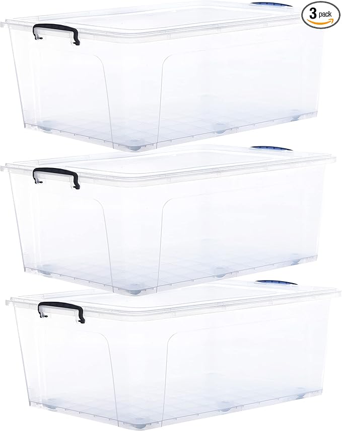 Superio Storage Containers With Wheels (3 Pack) Stackable Large Storage Containers With Lids Durable Latches (32 Qt)