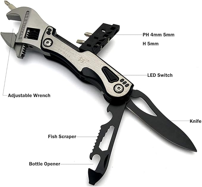Adjustable Wrench Multi-functional Tools Portable 15 In 1 Kit for Camping Household (Spanner Bottle Opener Survival Camping Knife Hand Saw Screwdriver Nylon Sheath)