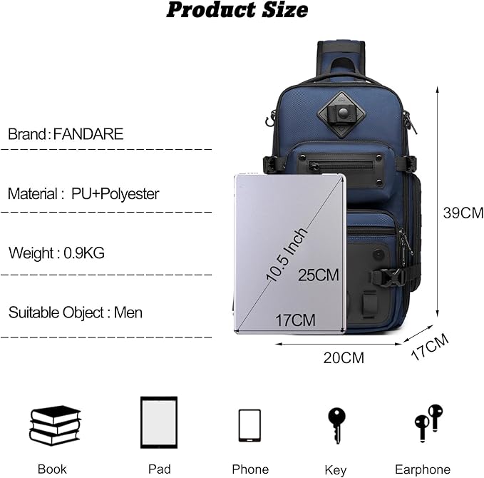 FANDARE Tactical Sling Bag Crossbody Backpack with Tripod Holder Chest Shoulder bag for Men One Strap Motorcycle Chest Pack for Travel Hiking Waterproof Satchel Bag fit 10.5 inch tablet Blue