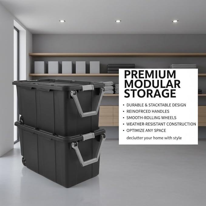 40 Gallon Heavy-Duty Rolling Storage Bins 2-Pack Dark Gray Industrial Plastic with Pivot Handle Leakproof Lid &amp Latches for Garage Warehouse Equipment Transport &amp Storage