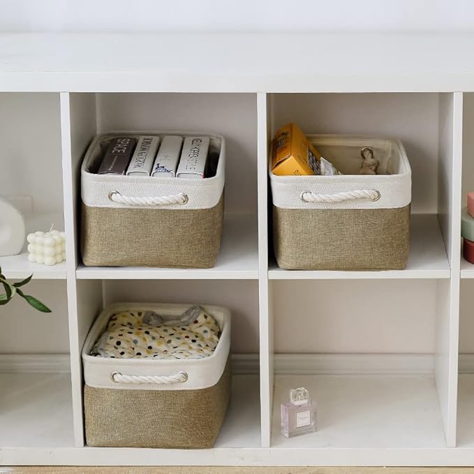 TheWarmHome Storage Basket for Organizing - 14x10x7 inch Medium 3 Pack Collapsible Storage Bin for Shelves with Handles Canves Storage Box for Organizer Cubes Cloth Gift Toy Closet (White &amp Khaki
