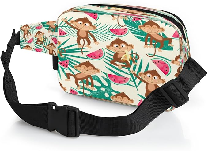 Monkey Watermelon Palm Waterproof Fanny Pack for Women Men Adjustable Waist Bag with Double Zipper Pockets Lightweight Square Hip Pack for Running Travel Hiking Workout Cycling