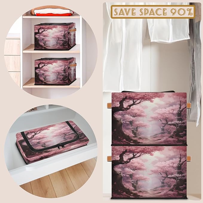 KOBLEN Pink Cherry Blossoms Storage Basket Collapsible Rectangular Storage Bins with Zipper Lid Handle Closet Shelf Cloth Organizer Basket for Nursery Bedroom Clothes Toy