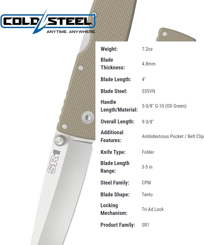 COLD STEEL SR1 S35VN Steel 4 Blade G-10 Handle Tactical Self-Defense Folding Knife with Tri-Ad Locking Mechanism and Pocket/Belt Clip