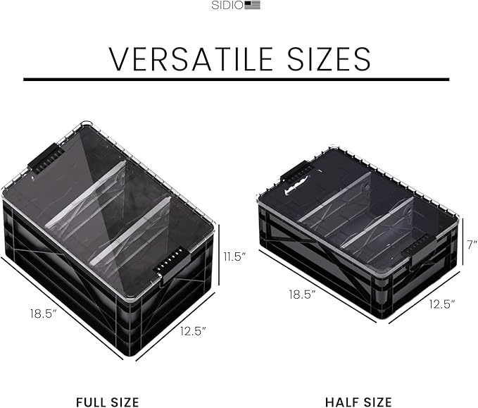 SIDIO Crate Pro Pack - 2 Full-Size &amp 1 Half-Size Heavy Duty Stackable Storage Bins Totes and Containers with Lids and Dividers - Durable Plastic Organizer for Home Office Garage and Outdoor Us