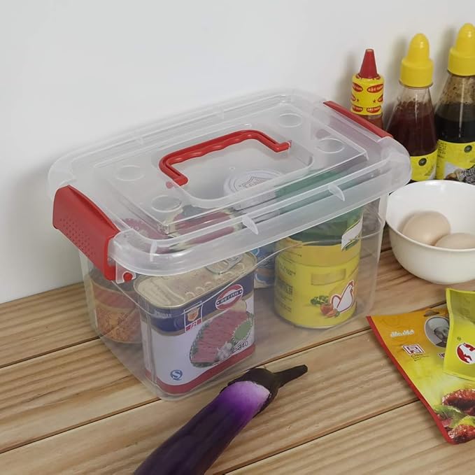 5 L Plastic Storage Bin with Lid Clear Transparent Box With Red Handles Set of 6