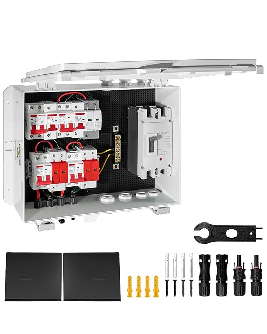 PV Combiner Box 2 String Solar Distribution Box IP65 Waterproof with 25A 250A DC Circuit Breakers 63A 125A AC Breakers Outdoor Power Distribution Box for 8KW–10KW Inverter Systems