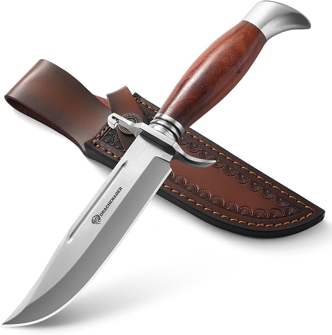 DRACHENADER Bowie Knife 10.5 Inch Hunting Knife with Sheath Outdoor Survival Bushcraft Fixed Blade Knife Comfortable African Rosewood Handle Incl. Black Gift Box