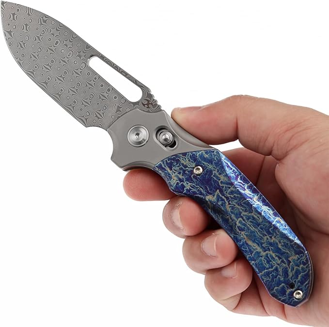 KANSEPT Quasar Pocket Knife 3.38'' Damascus Sharp Steel Blade Titanium Inlay Lightning Strike Finish Handle Cross Bar Lock Folding with Elongated Thumb Hole for Edc Camping Hiking Knives K1099V3