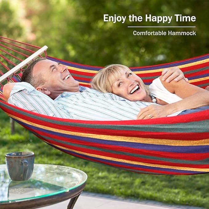 Outerman 275 x 155 cm Camping Hammock Hammocks Thickened Canvas Fabric with 550lb Load Capacity Two Anti Roll Balance Beam and Sturdy Metal Knot Tree Straps for Travel Beach Backyard etc.