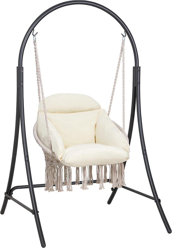 ANOW Macrame Hammock Chair with Stand Heavy Duty Hanging Chair Stand with Swing Chair Includes Luxury Padded Cushion Max 400 Lbs Natural