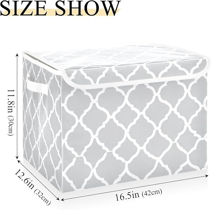 Storage Bins with Lids Storage Containers Box Organizer Bin Basket with Handles for Closet Shelves Clothes Stackable Foldable Decorative Silver Geometric Quatrefoil