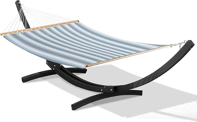 Lazy Daze Hammocks 12 FT 2 Person Double Quick Dry Textilene Hammock with Curved Steel Heavy Duty Stand for Outside Backyard Patio 450 Lbs Capacity Blue White Stripes