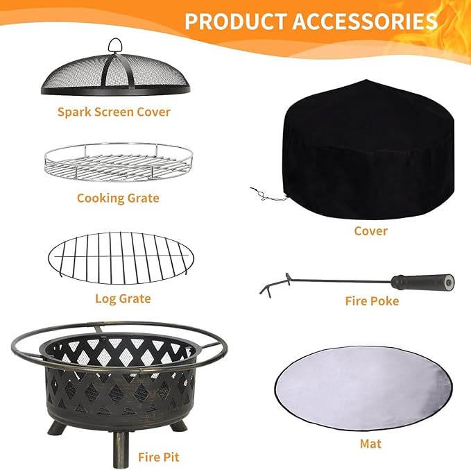 2 in 1 Firepit with Grill 30 Inch Outdoor Fire Pit with Mat &amp Spark Screen &amp Cooking Grate - Large Round Steel Fire pits for Patio Backyard &amp Garden - Includes Poker for Wood Burning &amp