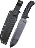 LENGREN【Eggplant 12.8 Inches 7MM THK Full Tang Heavy Fixed Blade Multifunctional Tactical Knife Drop Point DC53 Steel Kydex Sheath For Camping Hiking Hunting (Black)