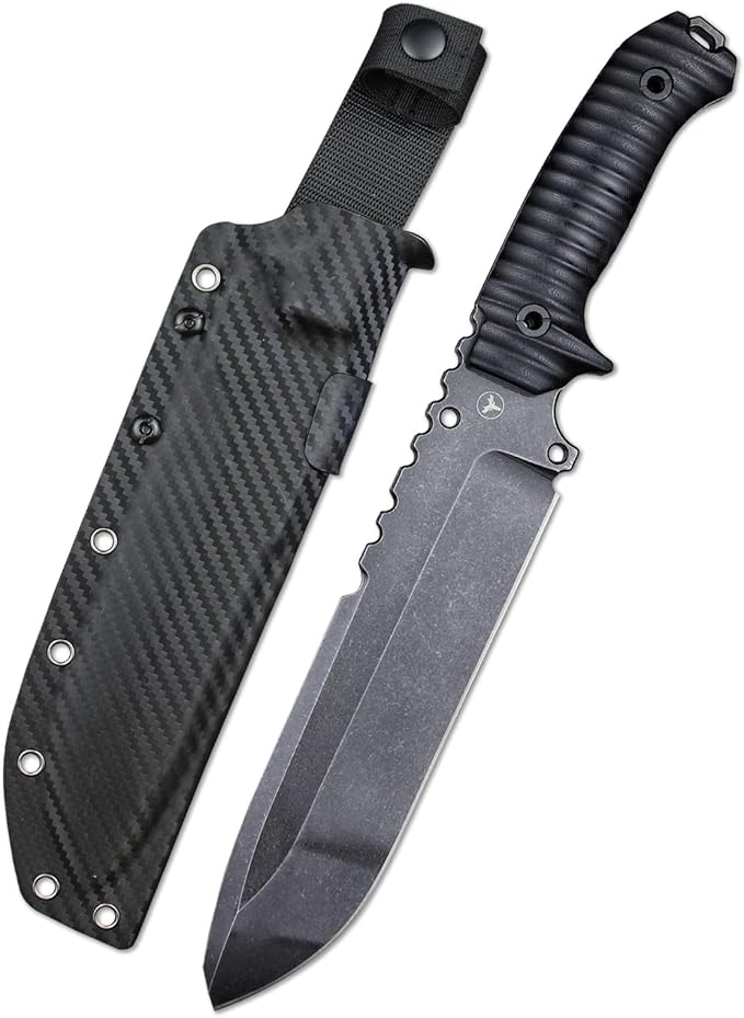 LENGREN【Eggplant 12.8 Inches 7MM THK Full Tang Heavy Fixed Blade Multifunctional Tactical Knife Drop Point DC53 Steel Kydex Sheath For Camping Hiking Hunting (Black)