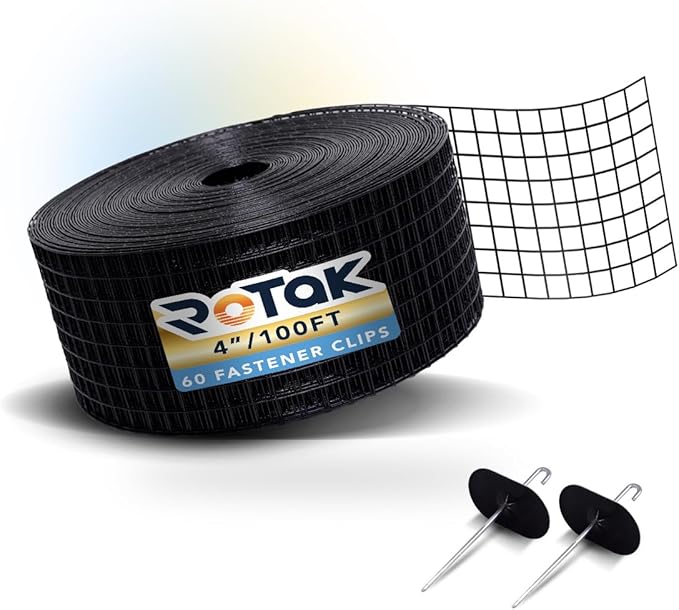 ROTAK Critter Guard - 4in x 100ft Solar Panel Bird Guard with Fastener Clips - Galvanized Black PVC Coated ½ inch Wire Roll Mesh (4 x 100' with 60 Fastener Clips)