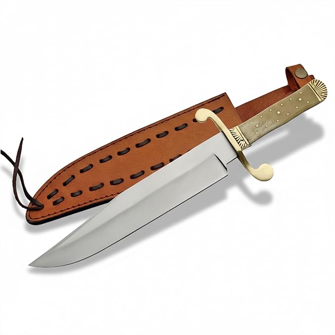 SZCO Classic Bowie Knife 15 Inch - Hunting Knife with Carbon Steel Blade Bone Handle Brass guard and Leather Sheath - Pocket knife for for Hiking Camping &amp Hunting