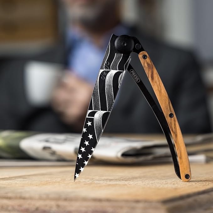 deejo - 27G Folding Pocket Knife with Belt Clip - Stars and Stripes Design 2.95-Inch Stainless Steel Blade Black Titanium Finish Olive Wood Handle - Lightweight EDC for Home Work and Outdoor Use