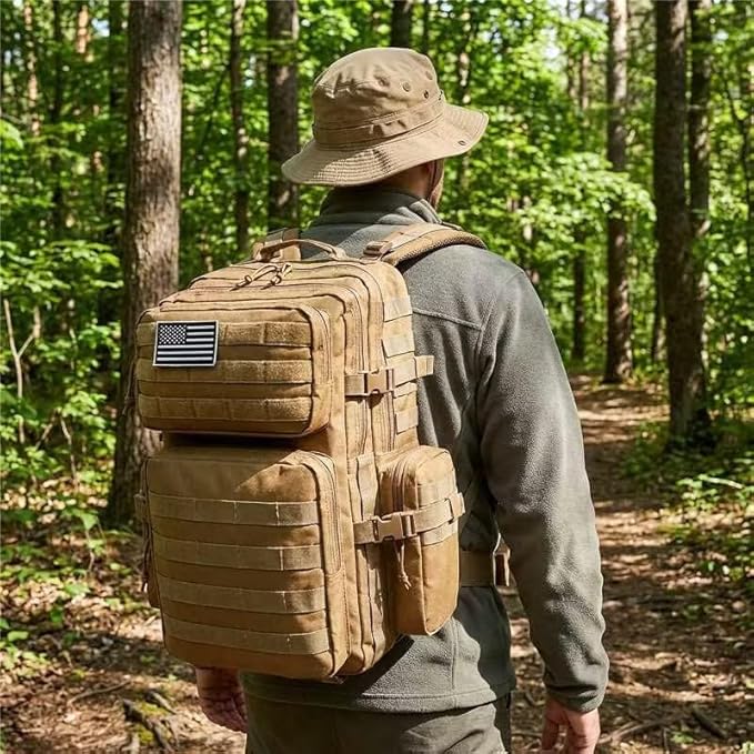 Military Tactical Backpack with Hidden Rain Cover 50L MOLLE Army Backpack for Men 3-Day Assault Rucksack for Trekking Heavy Duty Waterproof Pack Bag for Camping Hiking - Khaki
