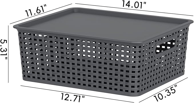 13 Quart Flat Storage Baskets with Lids Stackable Plastic Weave Organizing Basket Bin 6 Packs