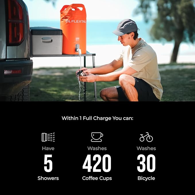 FLEXTAILGEAR Camping Shower Bucket with Built-in Electric Pump Portable Camp Shower 5 Gallons Rechargeable Pressure Outdoor Shower Bag Large Water Inlet